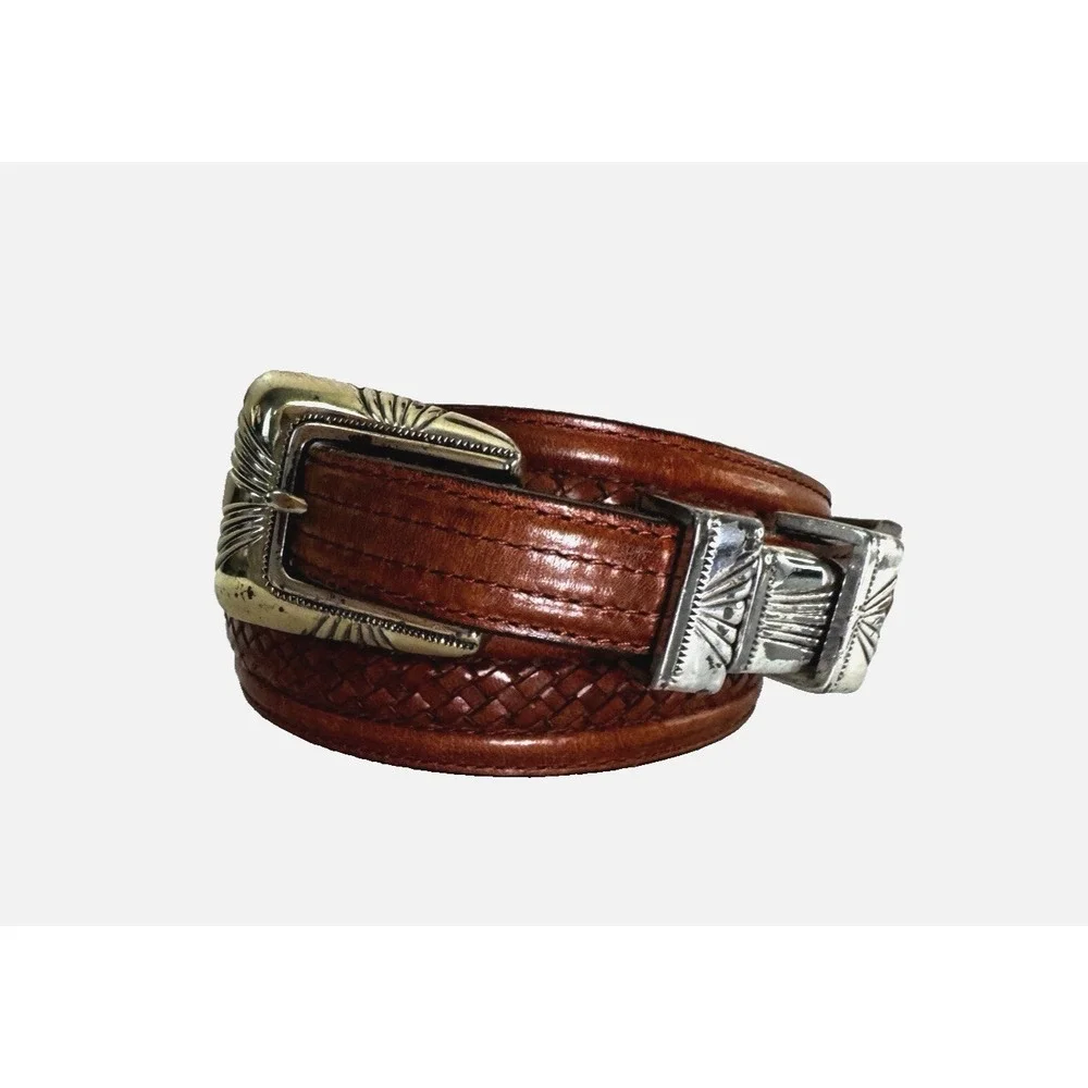 Tony Lama Mens 38 Leather Braided Belt Cognac Engraved Silver Buckle Western Cow